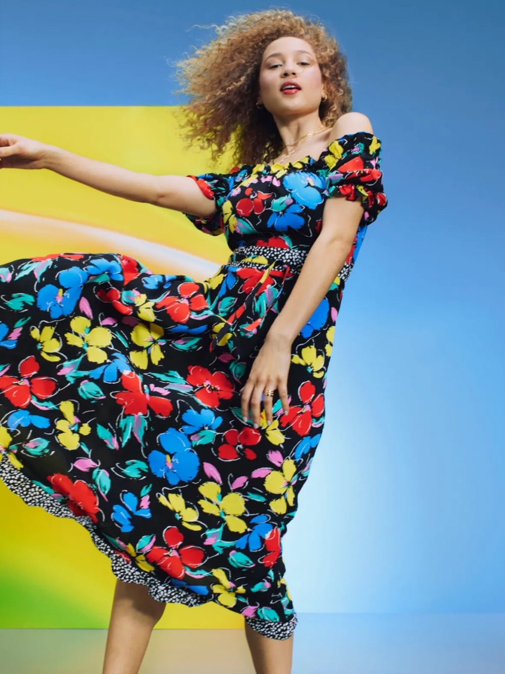 RIXO Black Floral Maxi Dress with Red, Yellow & Blue Blooms